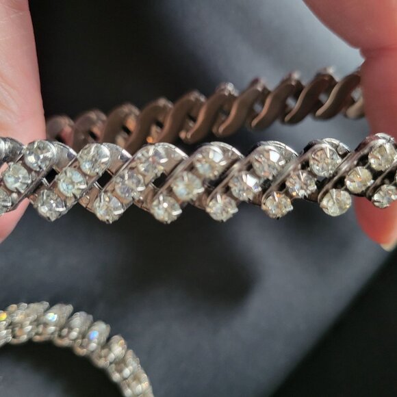 Vintage BSK Silver-Tone Rhinestone Stretch Bracelets Set Of 2 Made In British Ho - Picture 5 of 8